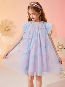 Tween Girl Ruffle Trim Tie Dye Mesh Dress - Multicolor - View 2