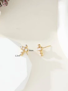 人造珍珠裝飾交叉耳釘 - 金黃色 - 查看 3