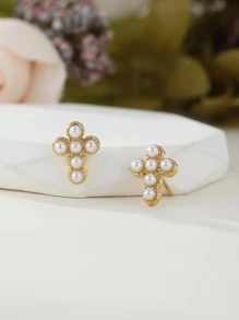 人造珍珠裝飾交叉耳釘 - 金黃色 - 查看 1