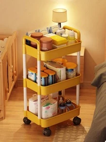 1PC 3 Layer With Pulleys Small Cart, Yellow Plastic Floor Storage Basket, Used In Bathrooms, Laundry Rooms, Living Rooms, With Classified Stickers - Yellow - View 1