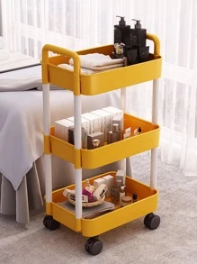 1PC 3 Layer With Pulleys Small Cart, Yellow Plastic Floor Storage Basket, Used In Bathrooms, Laundry Rooms, Living Rooms, With Classified Stickers - Yellow - View 6