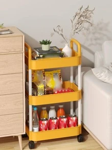 1PC 3 Layer With Pulleys Small Cart, Yellow Plastic Floor Storage Basket, Used In Bathrooms, Laundry Rooms, Living Rooms, With Classified Stickers - Yellow - View 5