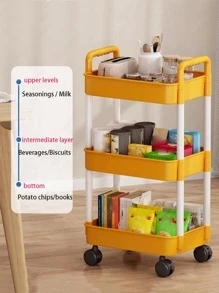 1PC 3 Layer With Pulleys Small Cart, Yellow Plastic Floor Storage Basket, Used In Bathrooms, Laundry Rooms, Living Rooms, With Classified Stickers - Yellow - View 4