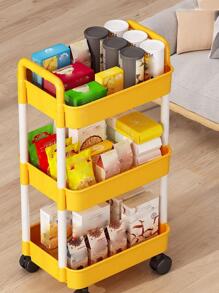 1PC 3 Layer With Pulleys Small Cart, Yellow Plastic Floor Storage Basket, Used In Bathrooms, Laundry Rooms, Living Rooms, With Classified Stickers - Yellow - View 3