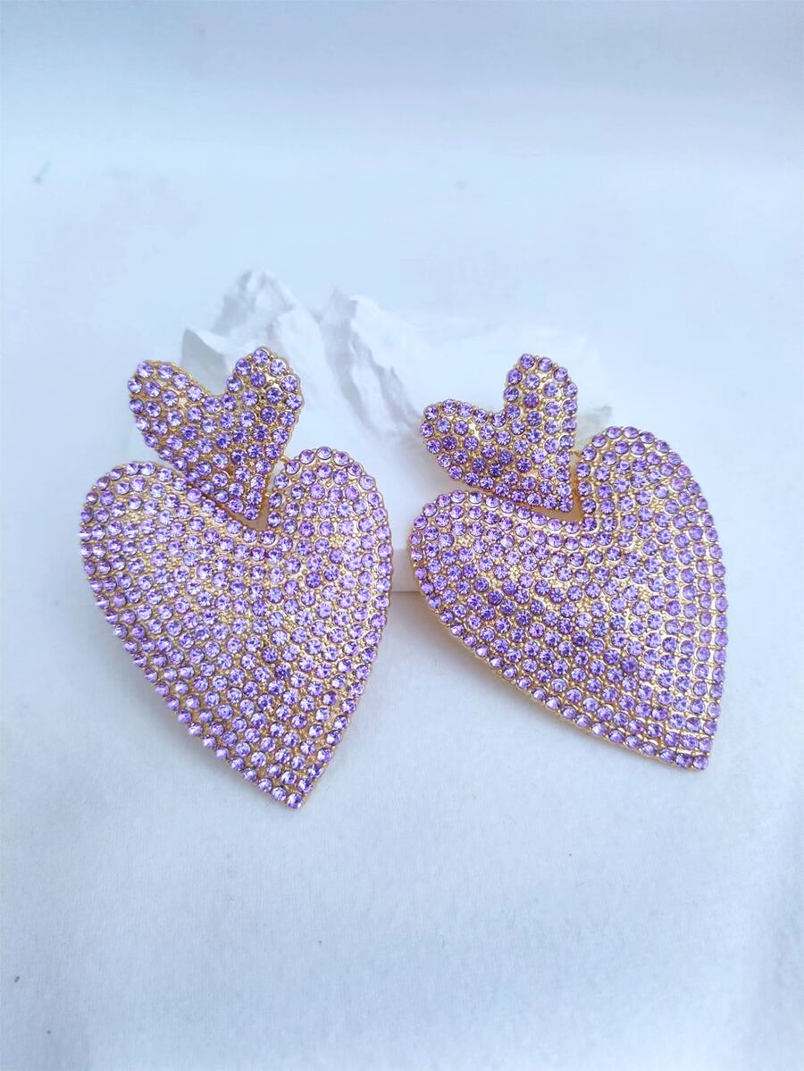 1pair Glamorous Rhinestone Heart Drop Earrings For Women For Party - Mauve Purple - View 1