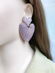 1pair Glamorous Rhinestone Heart Drop Earrings For Women For Party - Mauve Purple - View 2