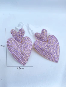 1pair Glamorous Rhinestone Heart Drop Earrings For Women For Party - Mauve Purple - View 4