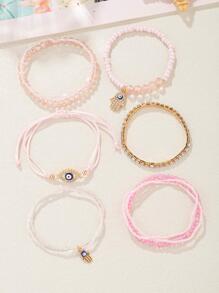 9pcs Bohemian Style Eye Design Hamsa Hand Pendant & Bead Bracelet - Pink - View 2