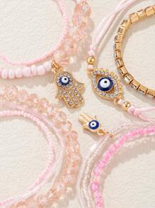 9pcs Bohemian Style Eye Design Hamsa Hand Pendant & Bead Bracelet - Pink - View 3