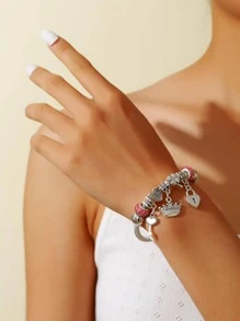 1pc Fashion Stainless Steel Rhinestone Decor Key & Heart Charm Bangle For Women For Daily Decoration Valentines,Mom,Mother,Mother's Day,Gift - Multicolor - View 5
