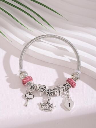 1 pulsera de acero inoxidable con decoración de strass con llave y dije en forma de corazón para mujeres, ideal para uso diario, San Valentín, mamá, madre, Día de la Madre, regalo