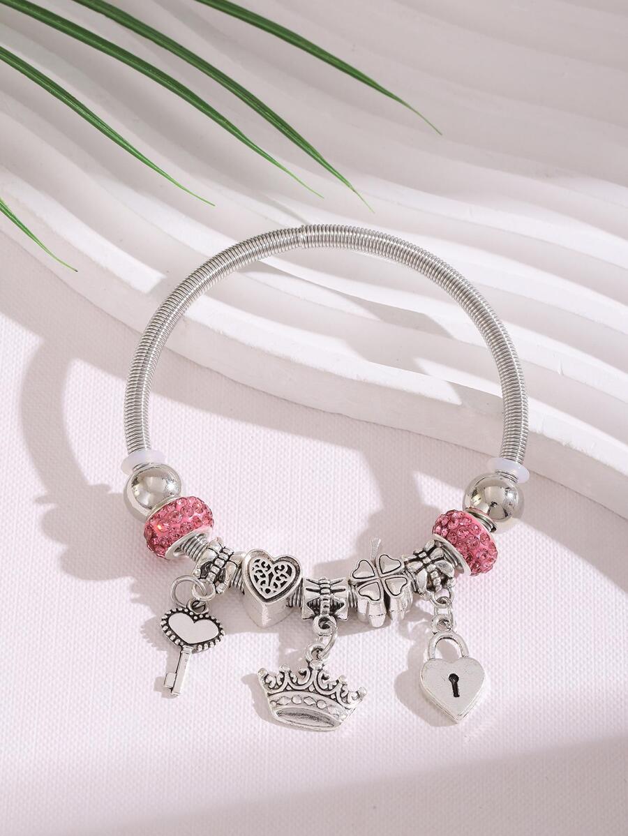 1pc Fashion Stainless Steel Rhinestone Decor Key & Heart Charm Bangle For Women For Daily Decoration Valentines,Mom,Mother,Mother's Day,Gift - Multicolor - View 1