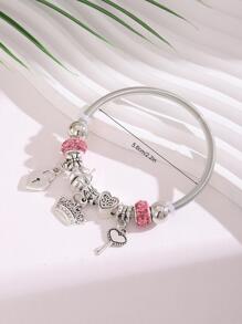 1pc Fashion Stainless Steel Rhinestone Decor Key & Heart Charm Bangle For Women For Daily Decoration Valentines,Mom,Mother,Mother's Day,Gift - Multicolor - View 3