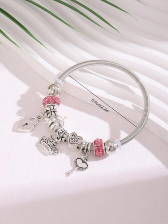 1 件时尚不锈钢水钻装饰钥匙和心形吊坠手镯，适合女士日常装饰情人节、妈妈、母亲、母亲节、礼物