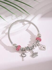 1pc Fashion Stainless Steel Rhinestone Decor Key & Heart Charm Bangle For Women For Daily Decoration Valentines,Mom,Mother,Mother's Day,Gift - Multicolor - View 4