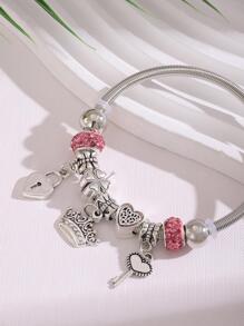 1pc Fashion Stainless Steel Rhinestone Decor Key & Heart Charm Bangle For Women For Daily Decoration Valentines,Mom,Mother,Mother's Day,Gift - Multicolor - View 2