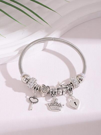 1pc Fashion Stainless Steel Rhinestone Decor Key & Heart Charm Bangle For Women For Daily Decoration