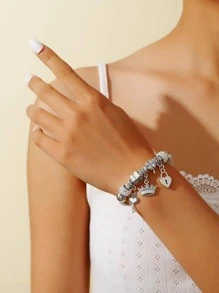 1pc Fashion Stainless Steel Rhinestone Decor Key & Heart Charm Bangle For Women For Daily Decoration - Silver - View 5