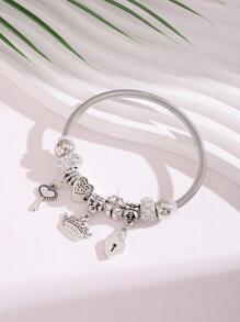 1pc Fashion Stainless Steel Rhinestone Decor Key & Heart Charm Bangle For Women For Daily Decoration - Silver - View 4