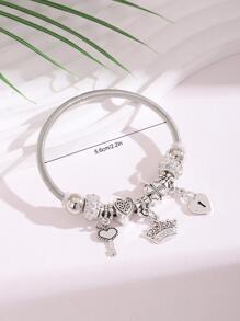 1pc Fashion Stainless Steel Rhinestone Decor Key & Heart Charm Bangle For Women For Daily Decoration - Silver - View 3