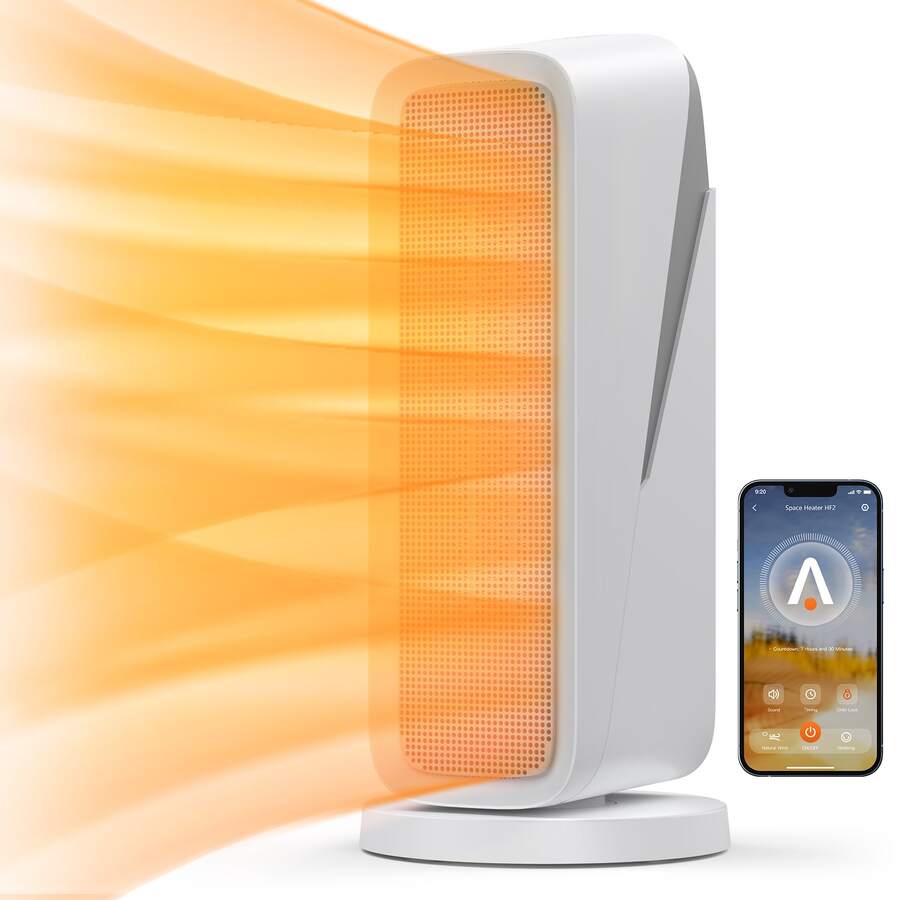 1500W Space Heater, 16" WiFi Small Electric Heater Portable 80° Oscillation Ceramic Heater, 8H Timer Indoor Room Heater - White - View 1