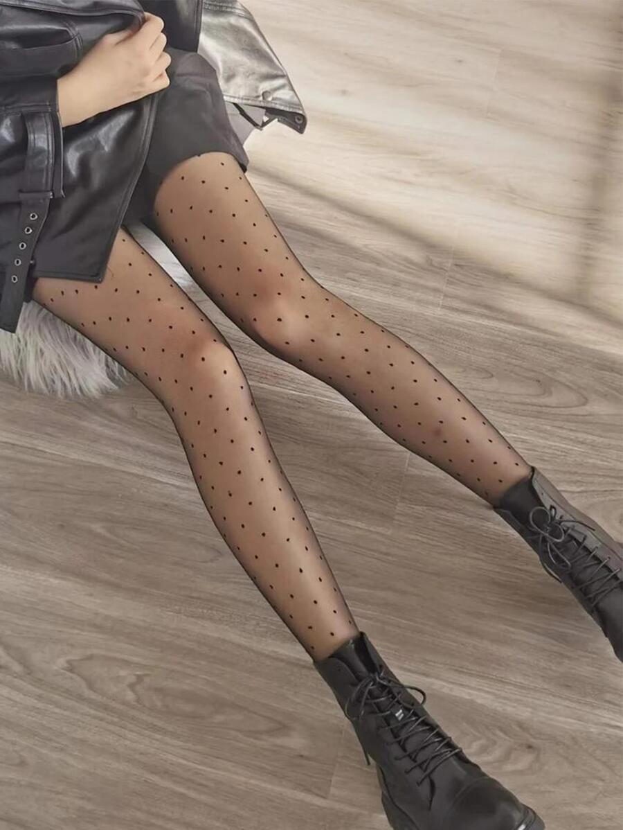 1雙女性波卡圓點休閒褲襪適用於日常生活 - 黑色 - 查看 1