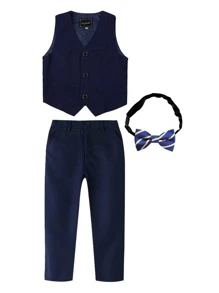 3 piezas/set conjunto de chaleco, pantalones y corbata para chicos jóvenes con diseño unicolor de un solo pecho para primavera y verano - Azul Marino - Ver 1