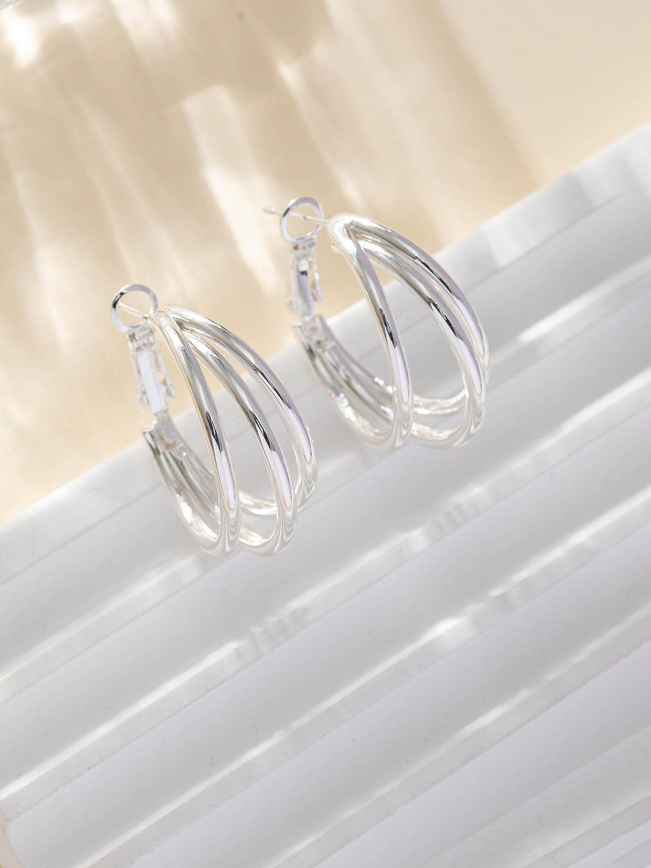 極簡多層圓耳環 - 銀色 - 查看 1