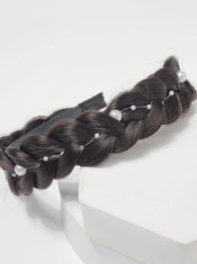 1入組女士隨機顏色人造珍珠裝飾編織設計時尚頭帶適合日常裝飾 - 黑色 - 查看 5