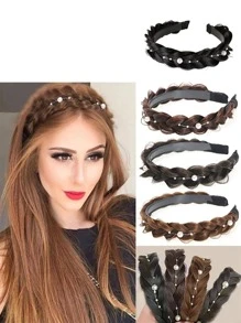 1入組女士隨機顏色人造珍珠裝飾編織設計時尚頭帶適合日常裝飾 - 黑色 - 查看 1