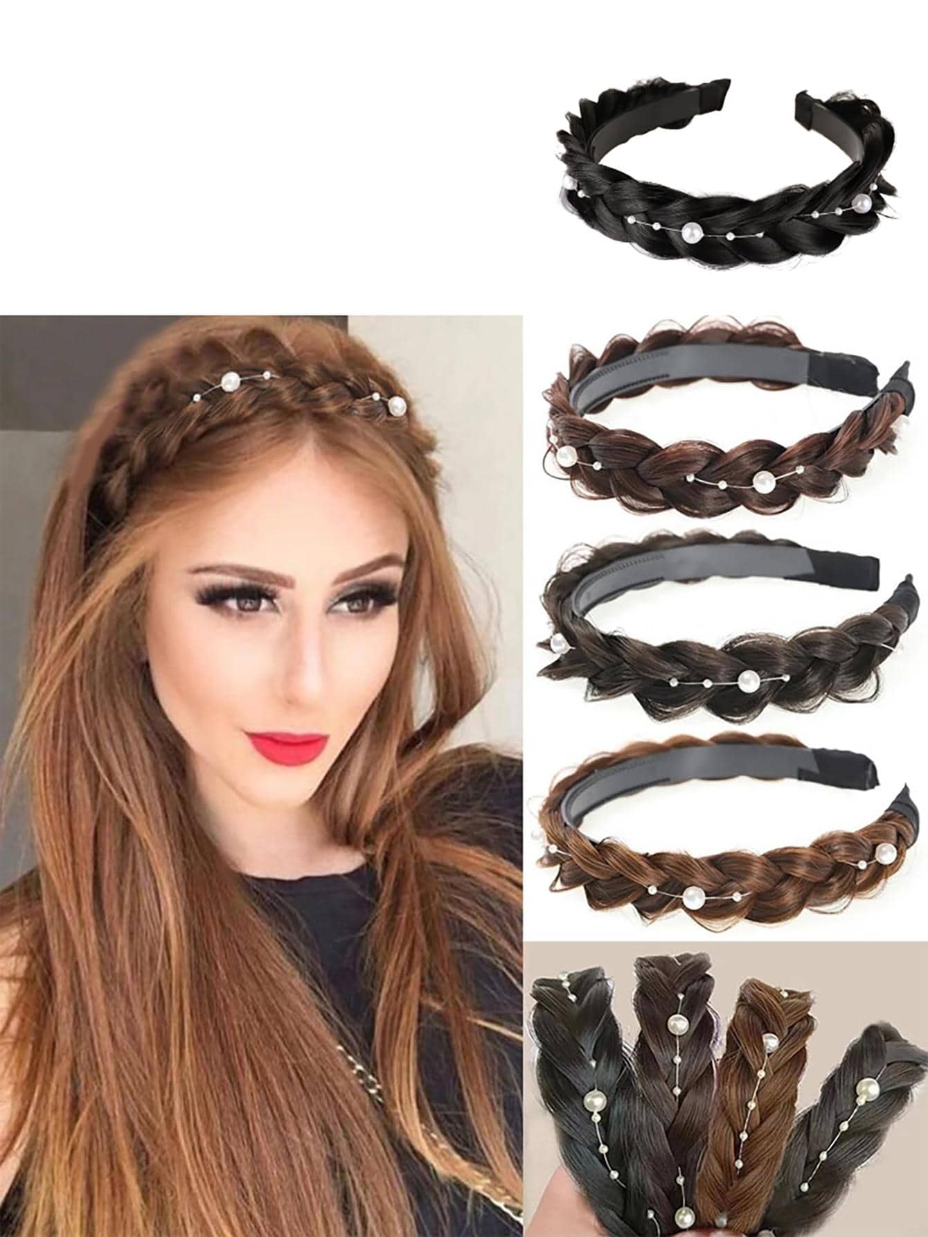 1入組女士隨機顏色人造珍珠裝飾編織設計時尚頭帶適合日常裝飾 - 黑色 - 查看 1