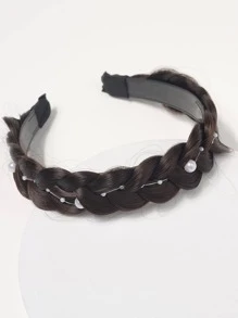 1入組女士隨機顏色人造珍珠裝飾編織設計時尚頭帶適合日常裝飾 - 黑色 - 查看 2