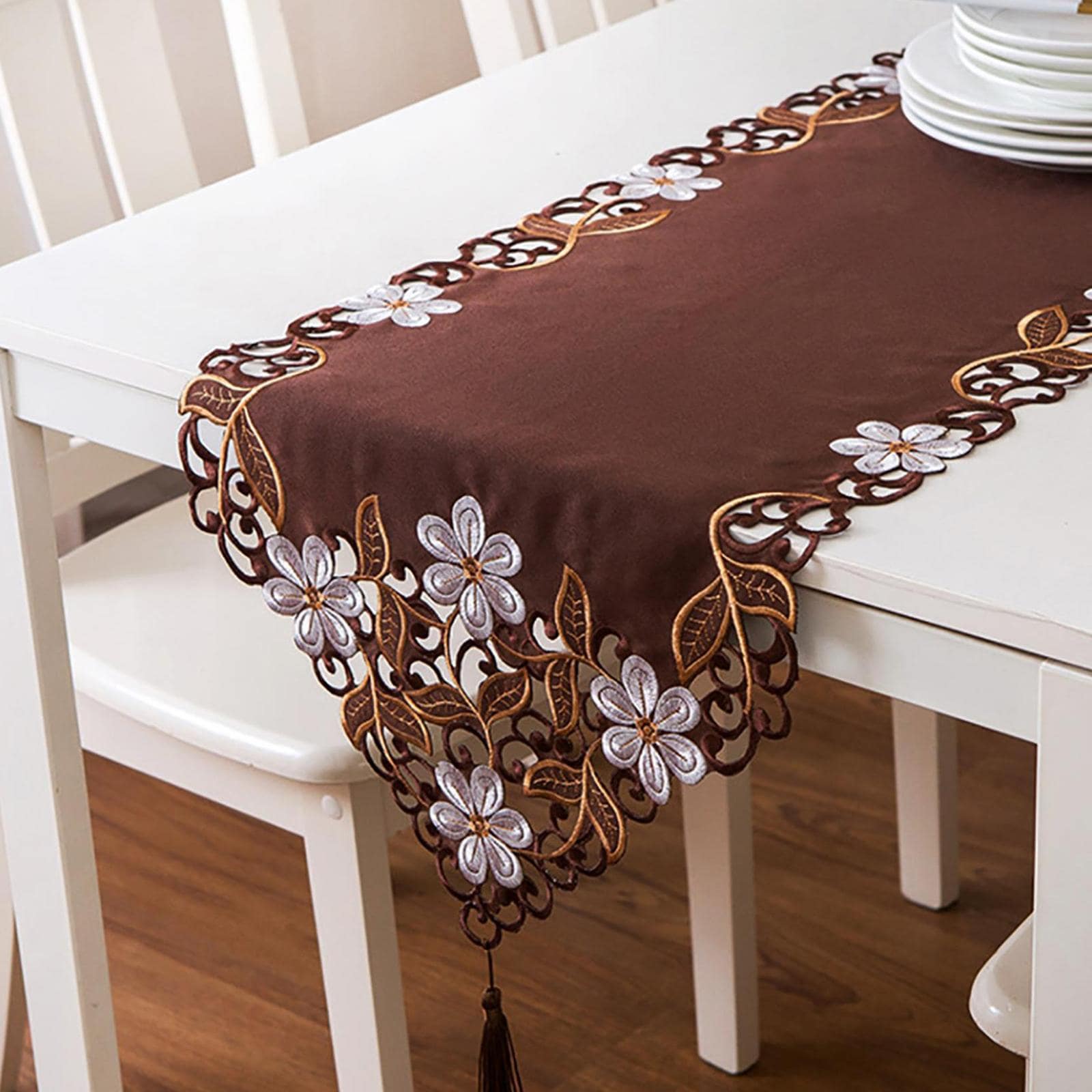 1入組花卉刺繡流蘇裝飾長方桌布 - 咖啡棕 - 查看 1