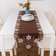 1入組花卉刺繡流蘇裝飾長方桌布 - 咖啡棕 - 查看 3