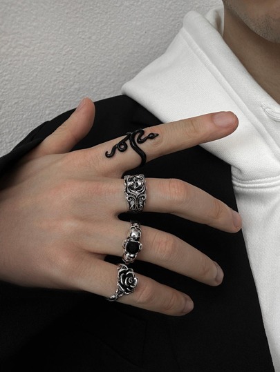 4pcs/Set Funky Zinc Alloy Flower & Skull Decor Ring For Men For Gift Punk Hip Pop Style, For Jewelry Gift And Party Valentines,Mom,Mother,Mother's Day,Gift