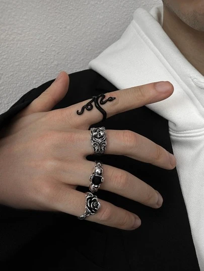 4 件/套时髦锌合金花朵和骷髅装饰戒指，适合男士，朋克嘻哈风格，可作为珠宝礼物和派对情人节、妈妈、母亲、母亲节、礼物