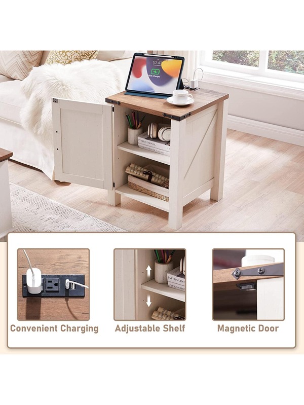 OKD Nightstand with Charging Station, 18 Inch Farmhouse End Table with