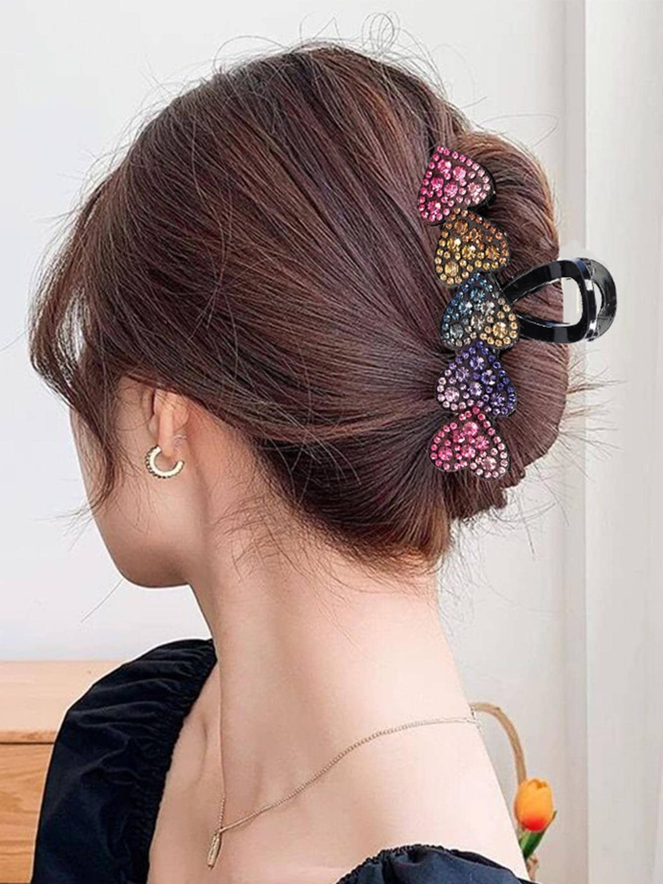 1pc Women Rhinestone Heart Decor Glamorous Hair Claw, For Date Decoration - Multicolor - View 1