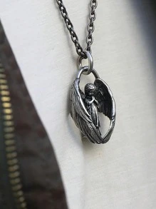 男士天使裝飾橢圓形吊墜項鍊 - 銀色 - 查看 2