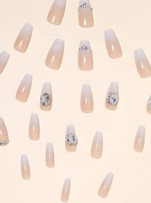 24pcs Coffin Shaped Ombre Milky White Rhinestone Nail Strips With 1pc Double-Sided Adhesive Tape