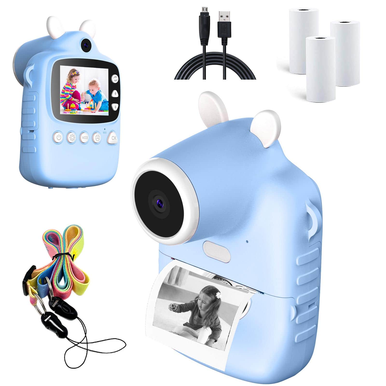 Children Instant Camera, Digital Camera with Print Paper for Girls Printing Camera Kids Video Camera 2.4 Inch Screen and USB Interface - Màu xanh lam - Xem 1