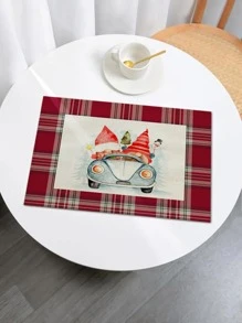 1pc Christmas Car & Plaid Pattern Placemat, Modern Fabric Heat Resistant Placemat For Kitchen