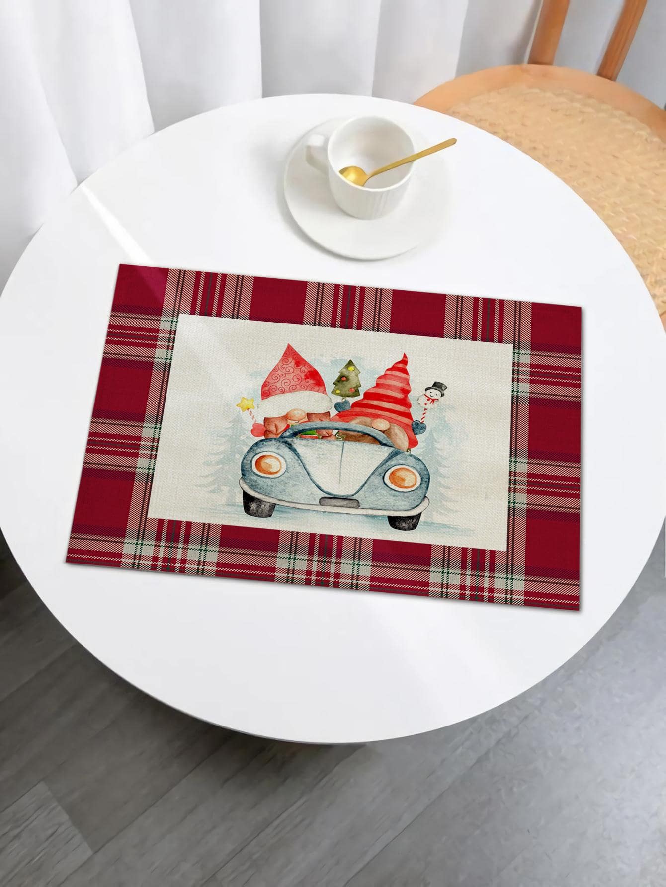 1pc Christmas Car & Plaid Pattern Placemat, Modern Fabric Heat Resistant Placemat For Kitchen