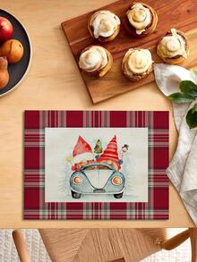 1pc Christmas Car & Plaid Pattern Placemat, Modern Fabric Heat Resistant Placemat For Kitchen