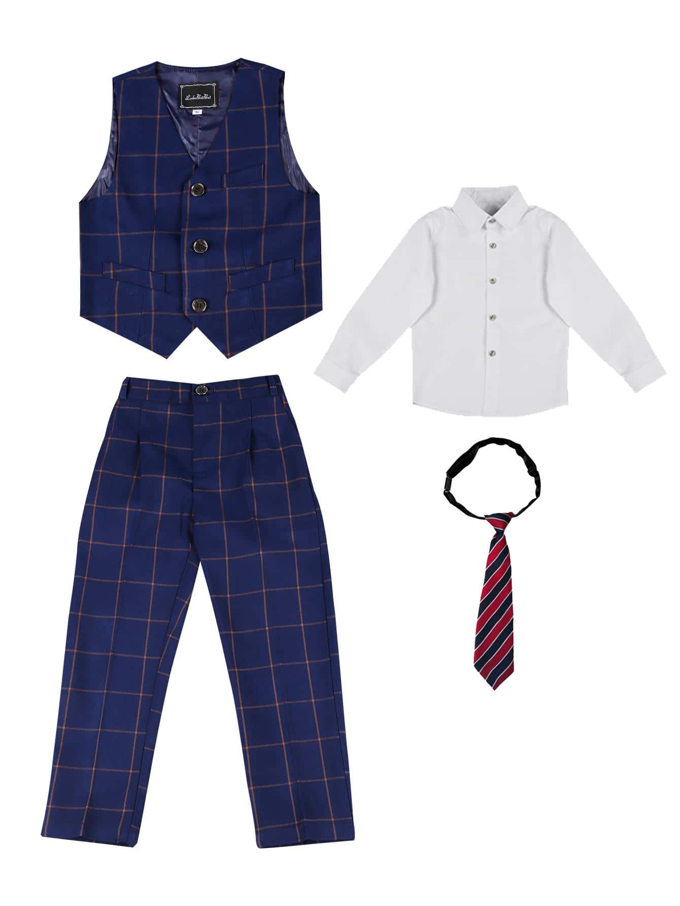 小男童素色襯衫和格紋馬甲和褲子和系帶 - 藍白色 - 查看 1