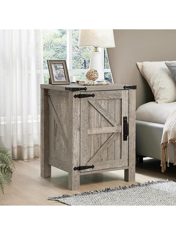 OKD Nightstand with Charging Station, 18 Inch Farmhouse End Table with