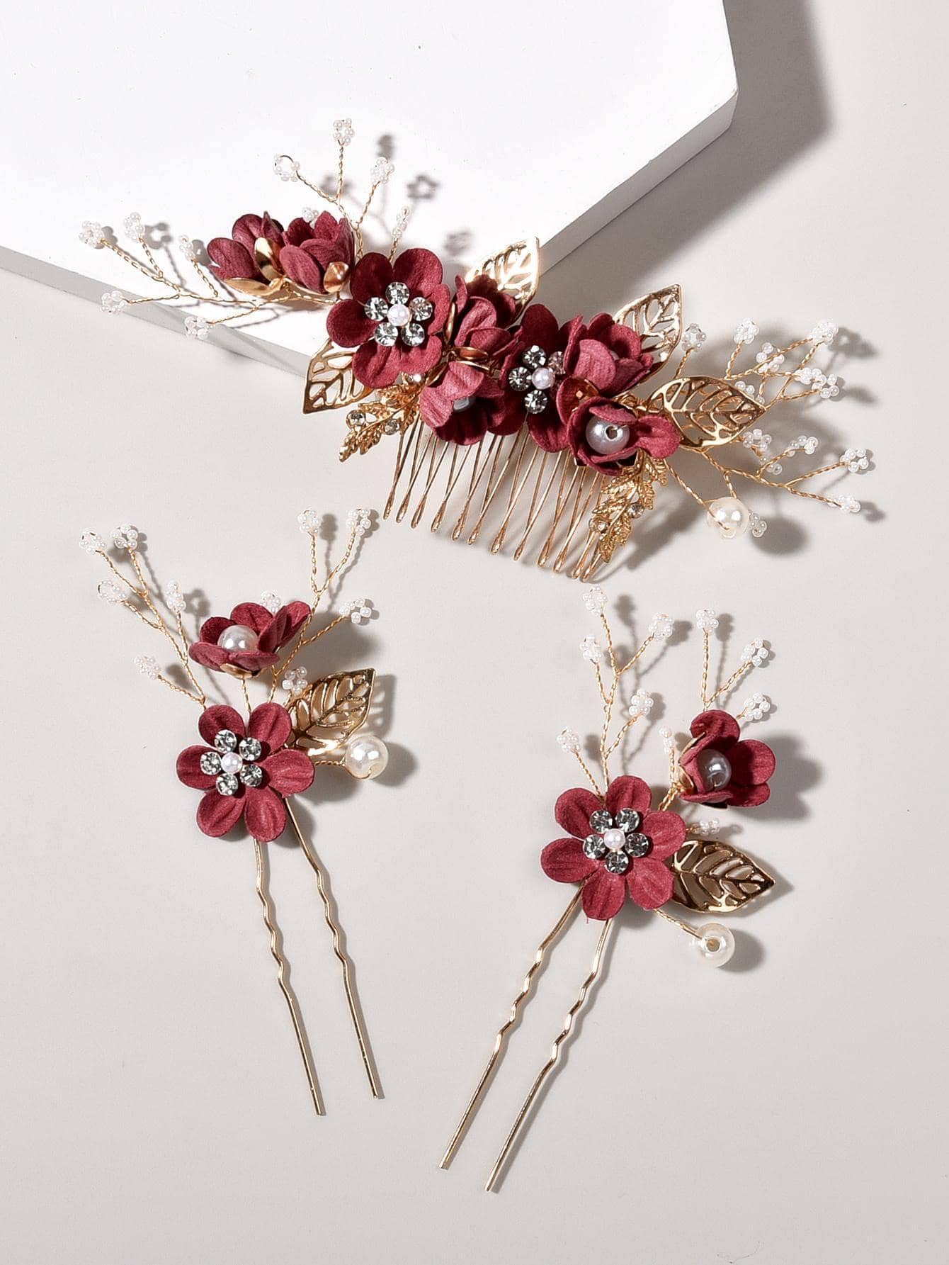3件套女士手工粉色花朵仿珍珠发梳发夹头饰套装，适用于头发、侧梳、学生用品、珍珠发饰、婚礼、伴娘礼物 - 紅色 - 查看 1