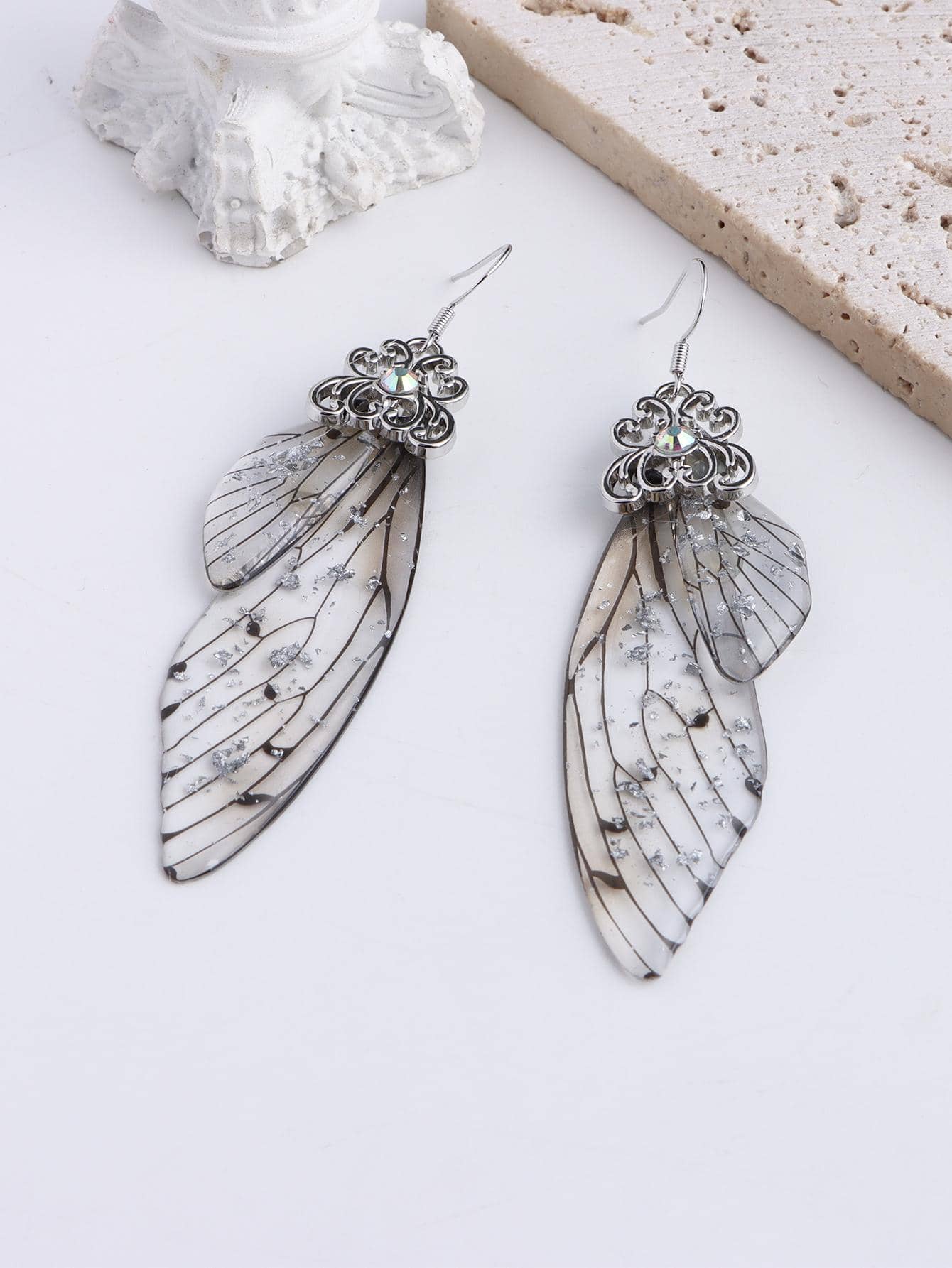 漸層昆蟲翅膀耳墜 - 棕色銀箔款 - 查看 1