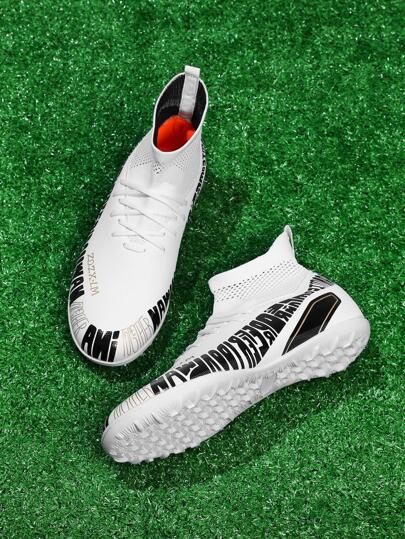Men Non-slip Lace Up Design Letter Graphic Sneakers, Sporty Outdoor Soccer Shoes