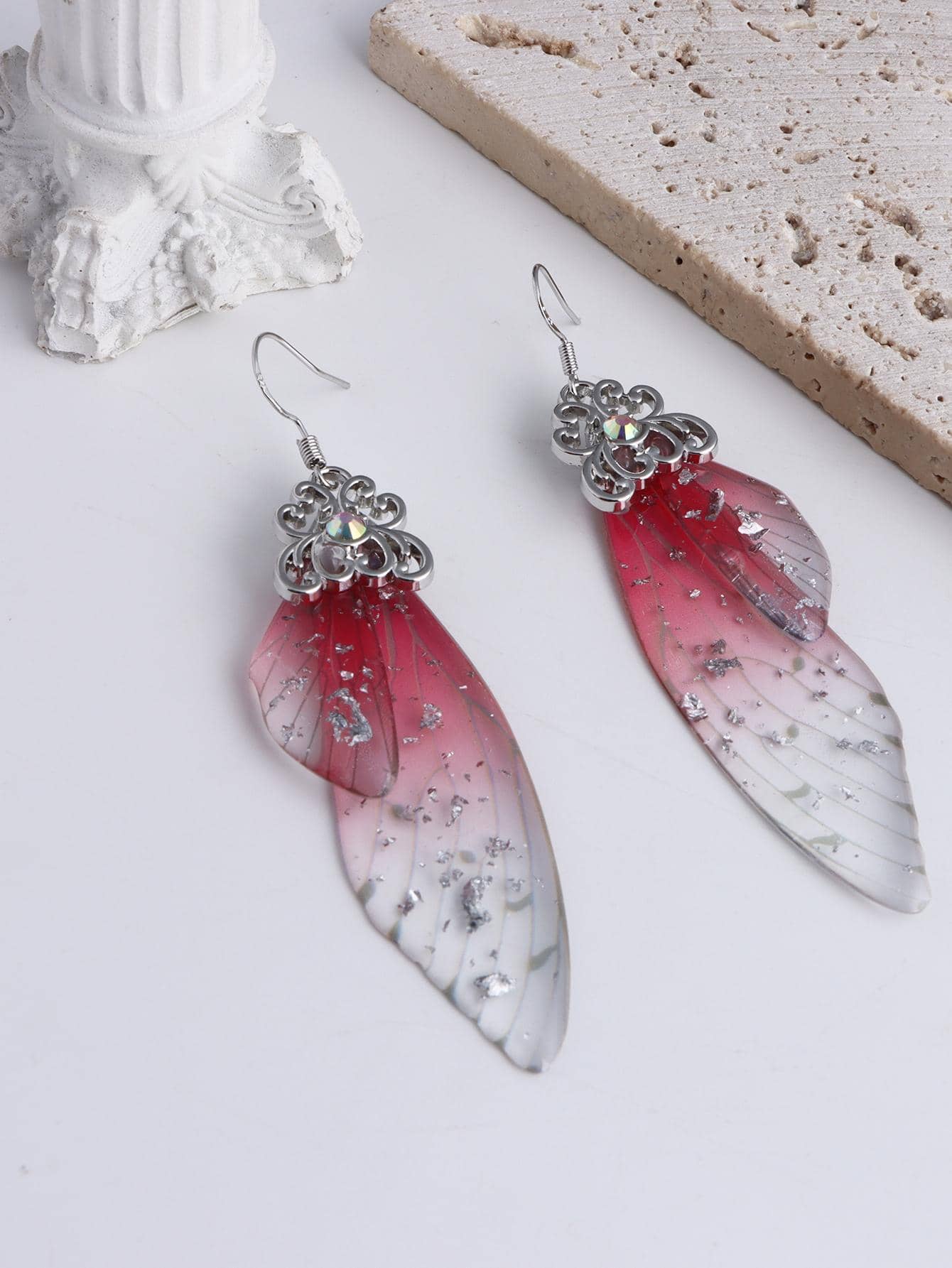 漸層昆蟲翅膀耳墜 - 粉色銀箔款 - 查看 1
